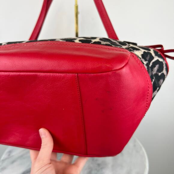 COACH Leopard Print Canvas Red Leather Tote Shoulder Purse Bag Authentic - Picture 9 of 16